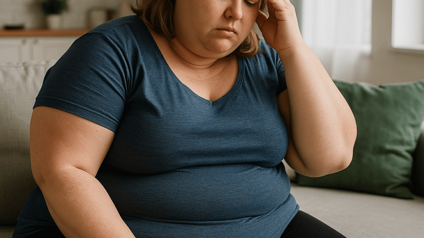 ired overweight woman showing signs she needs a wellness reset