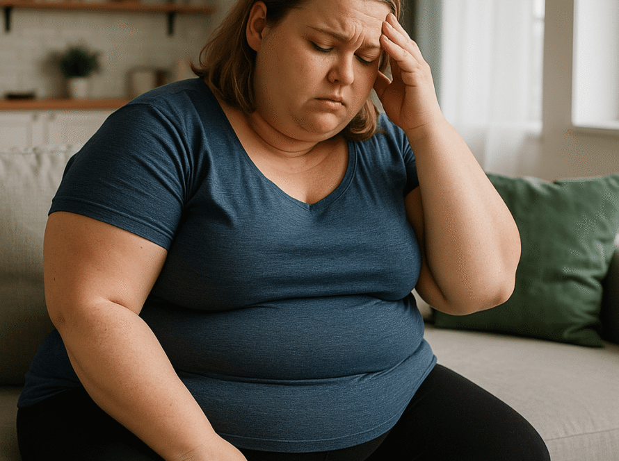 ired overweight woman showing signs she needs a wellness reset