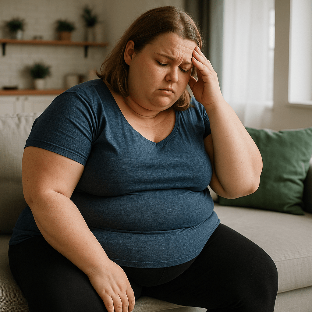 ired overweight woman showing signs she needs a wellness reset