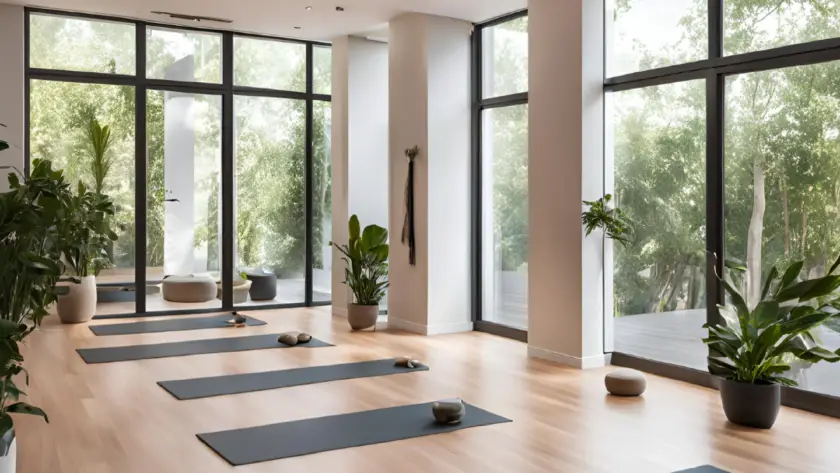 Serene yoga studio morning scene with mats ready for wellness rituals