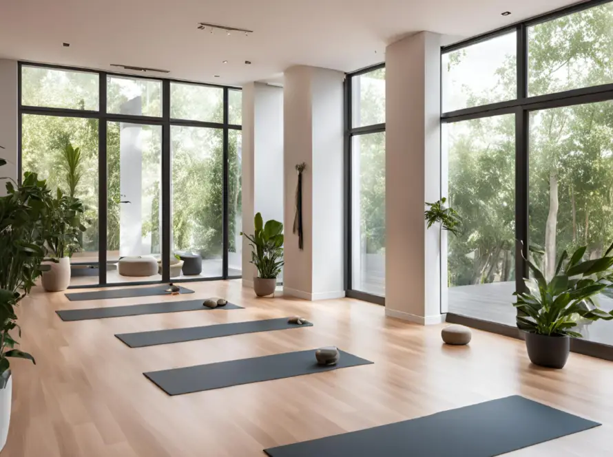 Serene yoga studio morning scene with mats ready for wellness rituals
