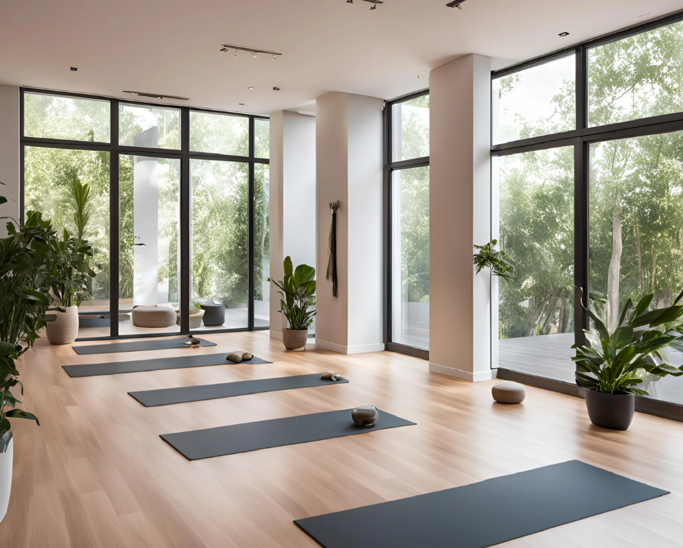 Serene yoga studio morning scene with mats ready for wellness rituals
